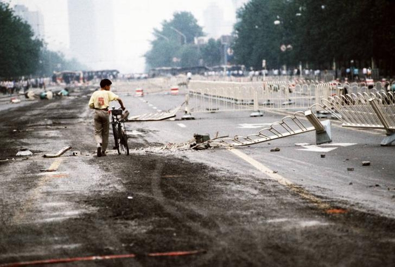 Tiananmen Square protests 19890604 - barriers still litter the streets