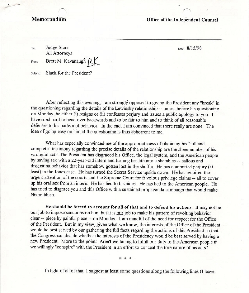 Brett Kavanaugh memo to Kenneth Starr on August 15, 1998
