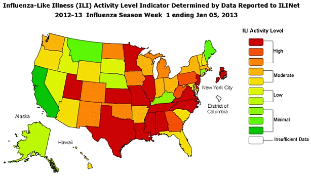 Flu map of United States from CDC, early 2013