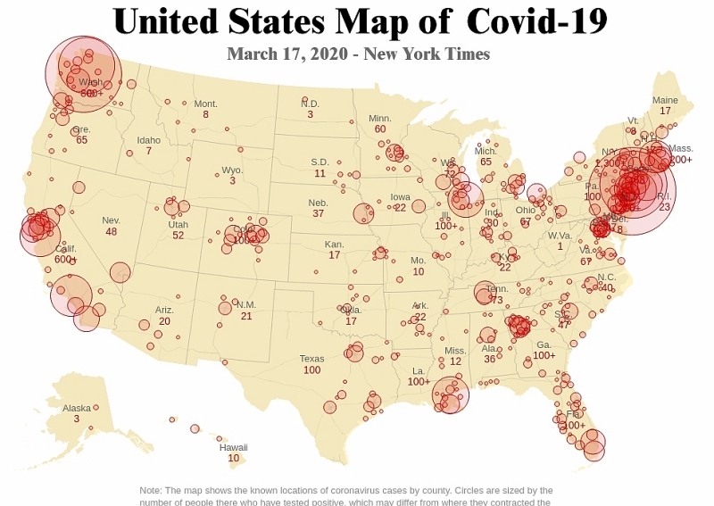 Covid-19 cases map of U.S. on March 17, 2020