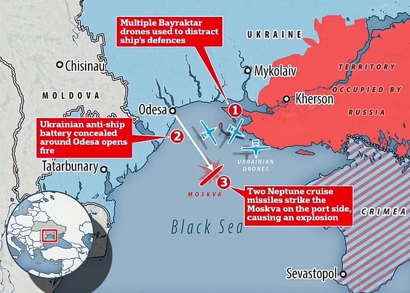 Map of attack on Moskva in the northwestern Black Sea on April 13, 2022