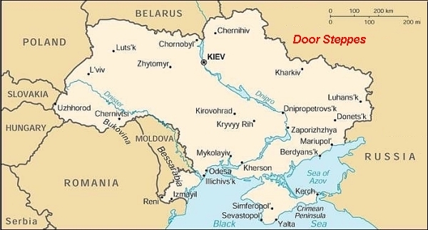 map of Ukraine, with the Russian army on their door steppes