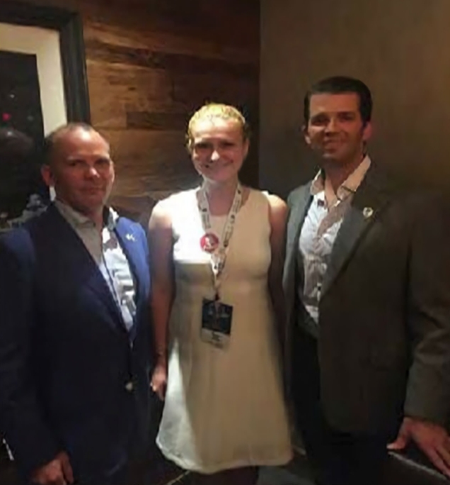NRA (National Russian Activist) Pete Brownell, Russian spy Maria Butina, and Donald Trump, Jr at NRA meeting in Louisville, Kentucky (May 2016)