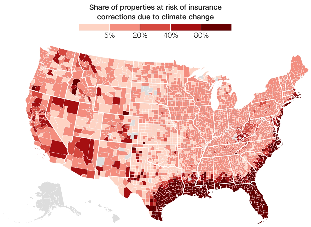 U.S. map - increased insurance risk due to climate change 2023