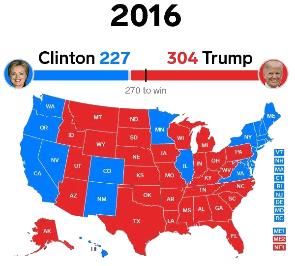 US election map 2016 (Trump lost the popular vote but won the electoral vote)