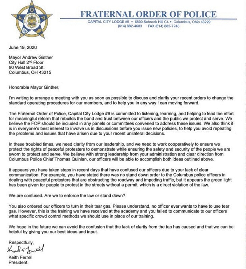 Columbus police letter on tear gas June  19, 2020