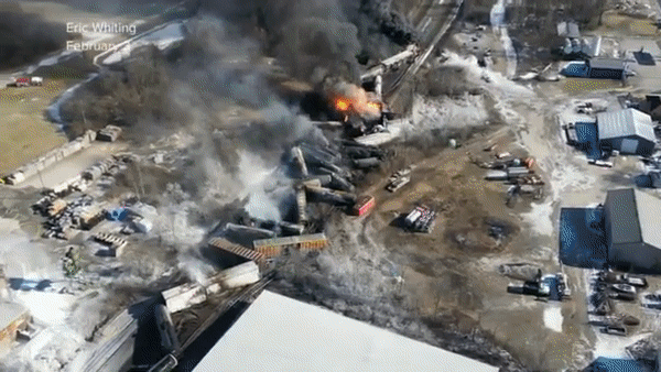 Norfolk Southern train derailment in East Palestine, Ohio as viewed on February 4, 2023