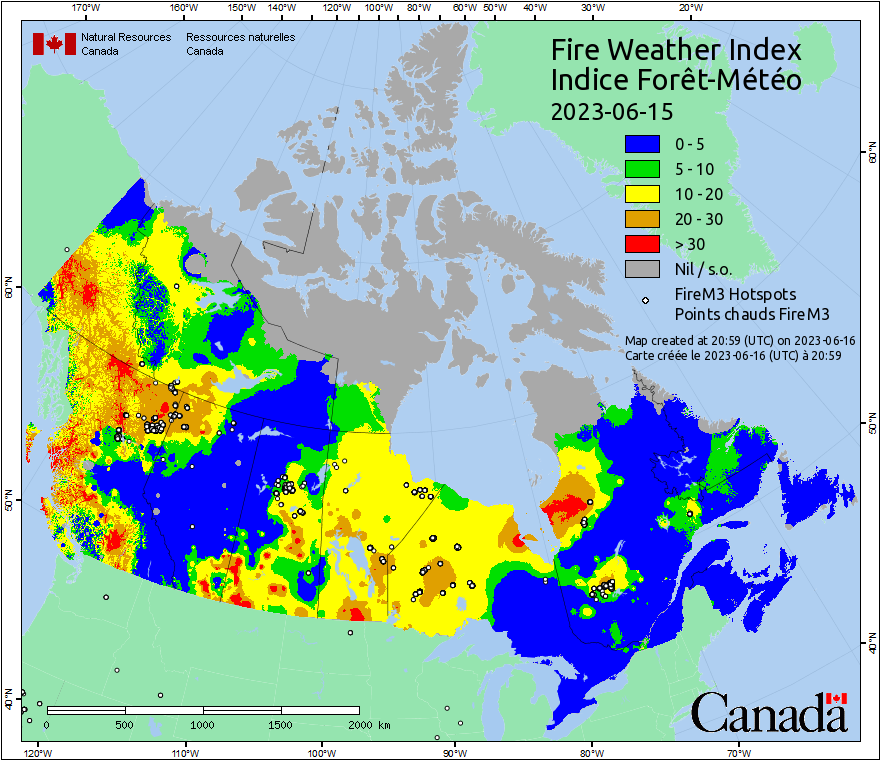 Canadian wild fires & hot spots, June 15, 2023