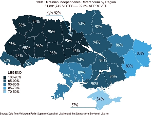 map of Ukraine showing the 1991 vote for independence